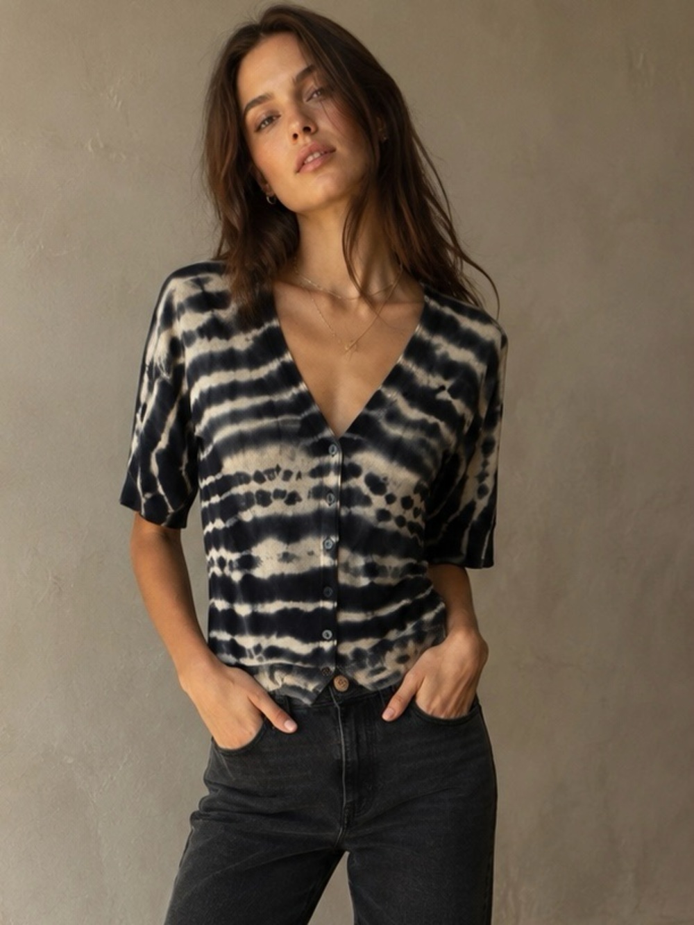 Nation LTD NWT Sunna V Neck Tie Dye Stripe Cardigan Navy Ivory M/L